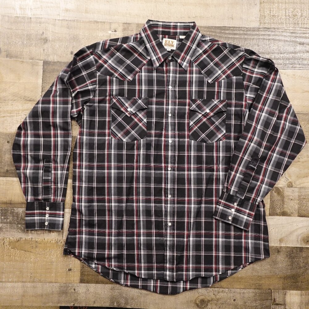 Ely Cattleman Western Pearl Snap Shirt Men’s XL Black Red Plaid‎ Cowboy